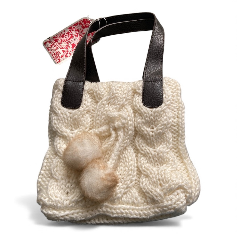 Bath & Body Works White Cable Knit Hand Bag Pom Poms
